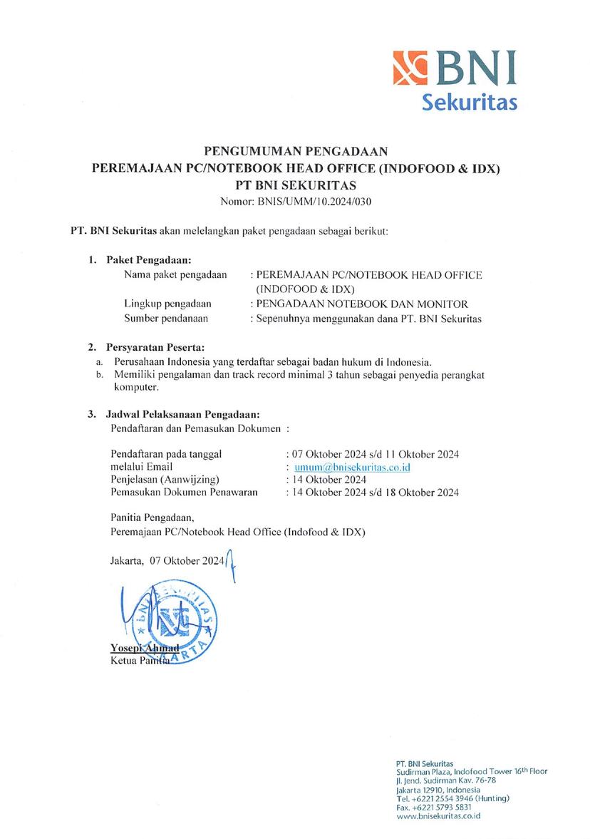 Pengumuman Pengadaan Peremajaan PC/Notebook Head Office (Indofood &#038; IDX)